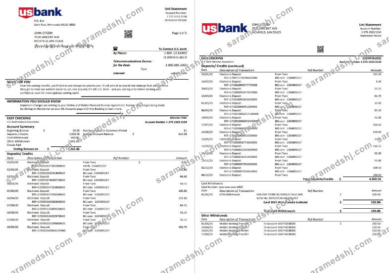 USA U.S. bank statement 3 pages